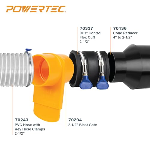 POWERTEC 70402 4" Hose to 2-1/2" Hose Cone Reducer and 2-1/2" Dust Control Flex Cuff with Adjustable Key Hose Clamps for Dust Collection on Power POWERTEC