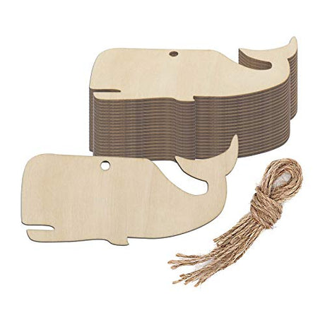 Creaides 20pcs Whale Wooden Hanging Ornaments Whale Shaped Wood DIY Craft Cutout with Hole Hemp Ropes Gift Tags for Wedding Birthday Ocean Theme Creaides