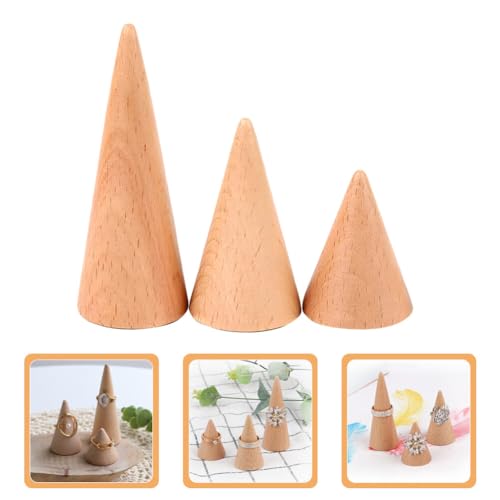 STOBAZA 3PCS Wooden Cone Ring Holders Unpainted Finger Ring Display Stand Jewelry Organizer Display Rack DIY Craft Wood Cone Stand - WoodArtSupply