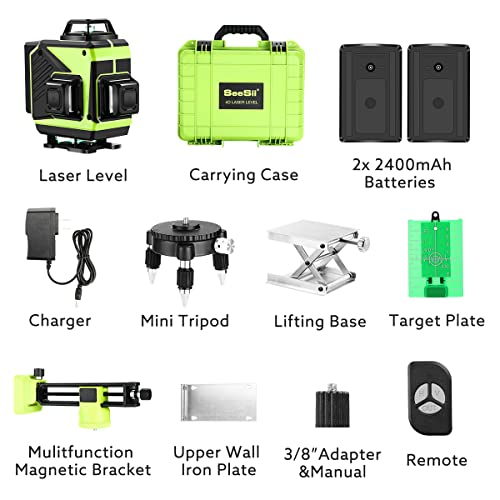 Seesii 4D Laser Level, 16 Lines Green Beam Line Laser Self-Leveling, 4x360 Cross Line Laser for Construction and Picture Hanging, Remote Controller, - WoodArtSupply