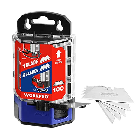 WORKPRO Utility Knife Blades, 100-Pack Utility Blades Replacement with Dispenser, SK5 Carbon Steel, Red WORKPRO