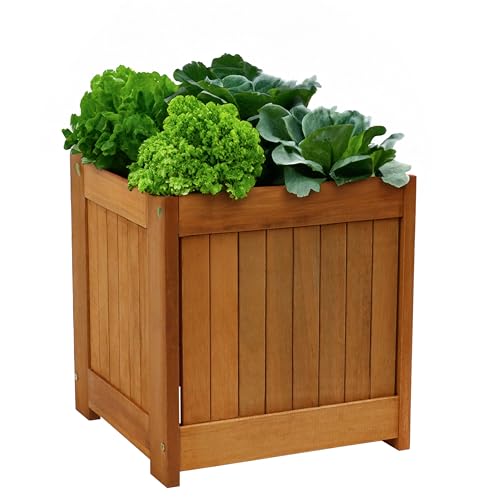 Sunnydaze Meranti Wood 16-Inch Square Planter Box with Teak Oil Finish - Set of 2 - WoodArtSupply