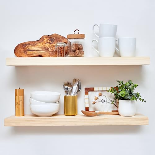 Homeforia Rustic Farmhouse Floating Shelves, Bathroom Wooden Shelves for Wall Mounted, Thick Industrial Kitchen Wood Shelf - 30 x 6.5 x 1.75 inch -