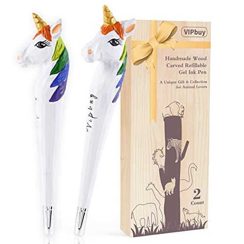 VIPbuy 2 Count 100% Handmade Wood Carved Gel Ink Pens -Novelty Refillable Writing Pens Office School Supplies Birthday Christmas Gift, Unicorn - WoodArtSupply