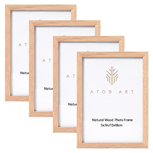 ATOBART 5x7 Picture Frame Made of Solid OAK Wood Covered by Real Glass,5x7 Natural Wood Photo Frame for Wall Mounting or Table Top Display,Set of 4