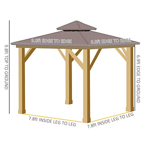 Outsunny 10' x 10' Hardtop Gazebo with Galvanized Steel Double Roof, Wooden Frame, Permanent Pavilion with Ceiling Light Hook, for Garden, Patio, - WoodArtSupply