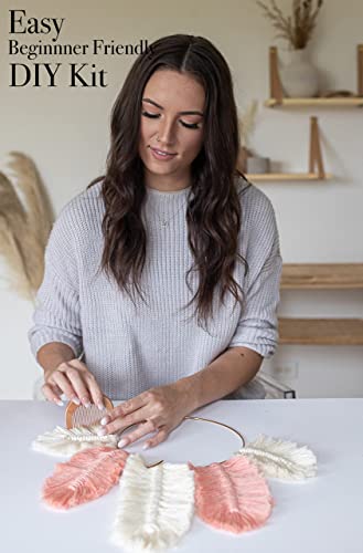 DIY Macrame Kit, Feather Dream Catcher Wall Hanging Kits for Teens & Adult Beginners, Craft Supplies for Boho Art Project-Macrame Cord, Gold Hoop, Aesthetic Creative
