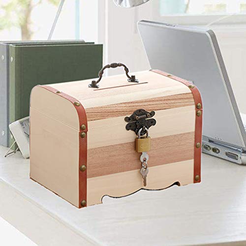 NUOBESTY Wood Treasure Chest Money Saving Jar Chest Piggy Bank Money Safe for Cash Saving Wooden Jewelry Organiser Vintage Luggage Wooden Bank NUOBESTY