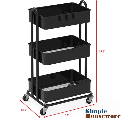 SimpleHouseware Heavy Duty 3-Tier Metal Utility Rolling Cart, Black Simple Houseware