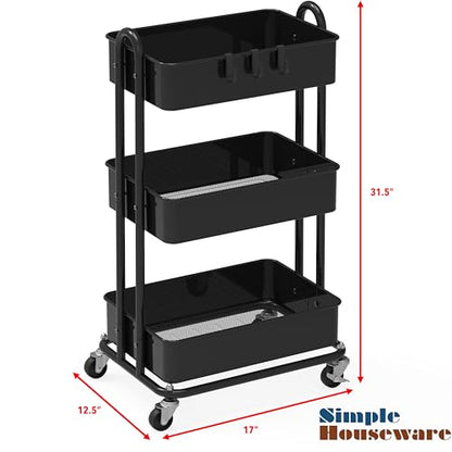 SimpleHouseware Heavy Duty 3-Tier Metal Utility Rolling Cart, Black
