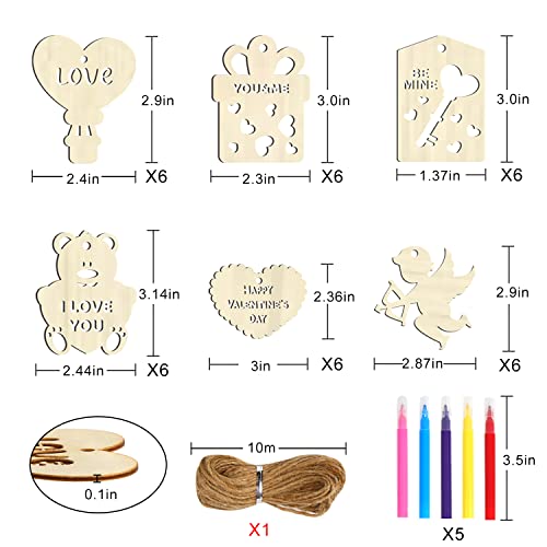 FOIMAS Valentine's Day Wooden Slices,36pcs Heart Cupid Unfinished Wood Cutout Slice Hanging Ornament with Jute Twine and Colored Pen for DIY Craft FOIMAS