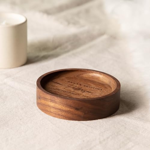 MUUJEE Personalized Walnut Wood Round Ring Tray Dish Jewelry Organizer for Small Items Bracelets Christmas Holiday Engagement Anniversary Wedding - WoodArtSupply