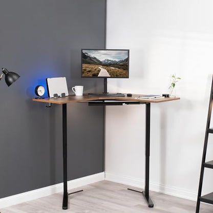 VIVO Electric Height Adjustable L-Shaped 47 x 47 inch Standing Desk, Rustic Vintage Brown Corner Table Top, Black Frame, Stand Up Workstation,