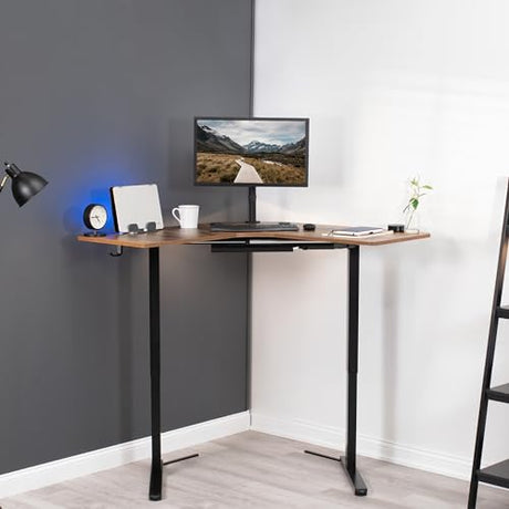 VIVO Electric Height Adjustable L-Shaped 47 x 47 inch Standing Desk, Rustic Vintage Brown Corner Table Top, Black Frame, Stand Up Workstation, VIVO