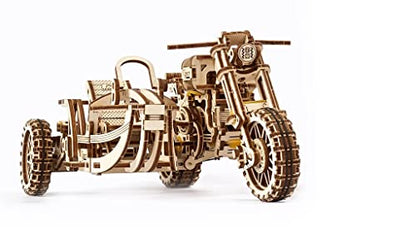 UGEARS Motorcycle with Sidecar 3D Puzzles - UGR-10 Motorcycle Scrambler Wooden Model Kits for Adults to Build - Retro Design Sidecar Motorbike Model