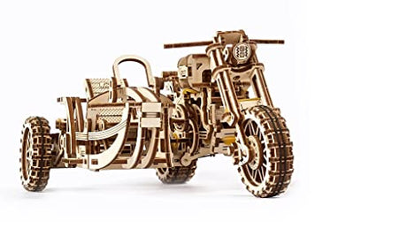 UGEARS Motorcycle with Sidecar 3D Puzzles - UGR-10 Motorcycle Scrambler Wooden Model Kits for Adults to Build - Retro Design Sidecar Motorbike Model UGEARS