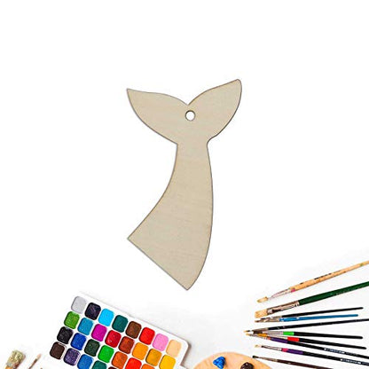 Creaides Fish Tail Wood DIY Crafts Cutouts Wooden Mermaid Tail Shpaed Hanging Ornaments with Hole Hemp Ropes Gift Tag for DIY Projects Home