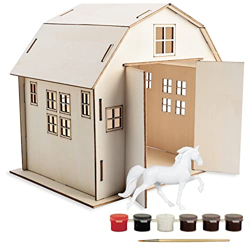 Breyer Horses Stablemates Paint Your Own Barn and Horse Set | 6 Paints Included | 1:32 Scale Horse | Barn 6.75" H x 5.25" W x 7.5" L Craft Set | Breyer