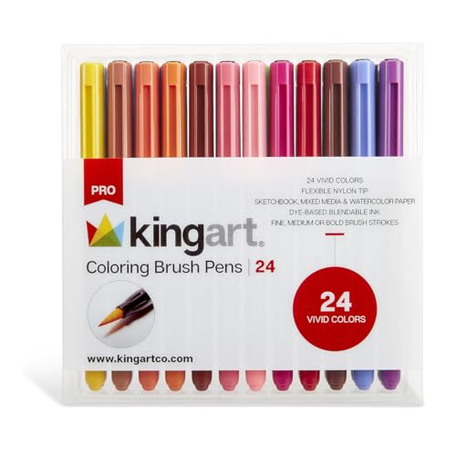 KINGART Pro, Water-Based Ink, Set of 24 Unique & Vivid Colors Brush Pens, Assorted 24 Piece KINGART