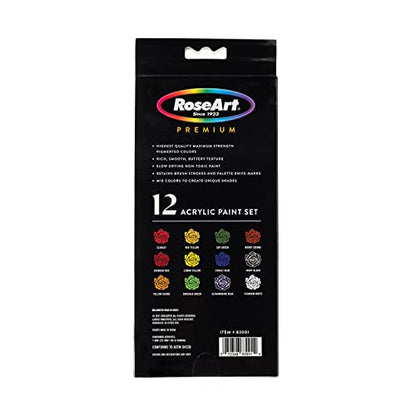 RoseArt Premium Paint Set – 12 Count Acrylic Paints for Canvas, Wood, Ceramic and Fabrics – Craft Painting Supplies for Casual to Professional - WoodArtSupply