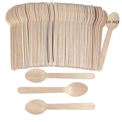 Disposable Wooden Spoons -Packe of 100, 6.3 Inch Biodegradable Compostable Spoons - Natural Wooden Utensils for Birthday Party, Camping, Picnic, BBQ,