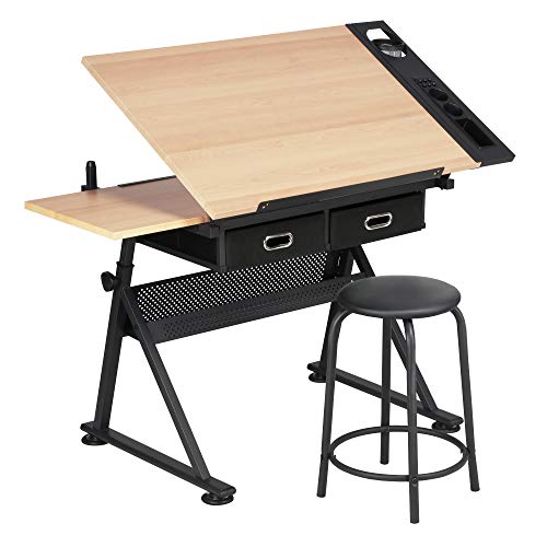 Yaheetech Height Adjustable Drafting Table Drawing Table Artist Desk Tilting Tabletop Art Craft Desk Watercolor Paintings Sketching Work Station w/2