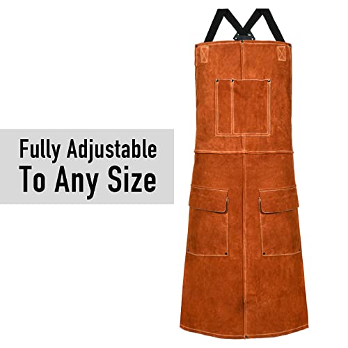 Leather Welding Work Apron,Woodworking Shop Apron,Heat Resistant & Flame Resistant Bib Apron, Flame Retardant Heavy Duty BBQ Apron, Adjustable Fit - WoodArtSupply