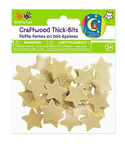 Wood Stars - Unpainted Wooden Thick Bits for Crafts - 30 Pieces - 0.75 Inch Across- 0.23 Inches Thick Krafty Kids