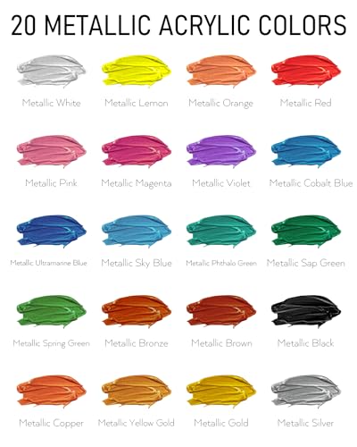 Nicpro Metallic Acrylic Paint Set (8.45 oz, 250 ml), 20 Colors Large Acrylic Paint Bulk, Non Toxic Art Painting Supplies for Multi Surface Canvas Nicpro