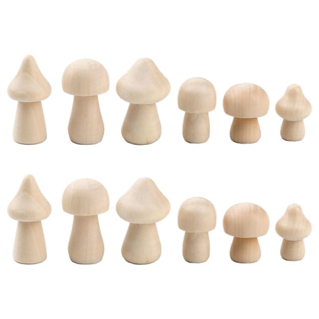 12 Pieces Unfinished Wooden Mushroom Ornaments Paintable Wooden Mushroom Figurines Set 6 Sizes Unfinished Wooden Ornaments Decorative Wooden lasenersm
