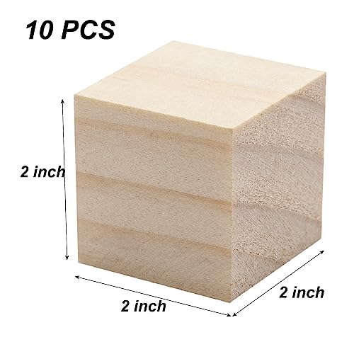 Blank Wood Blocks for Crafting, 2 inch 10PCS Unfinished Large Wooden Blocks for Crafts and Decor, Natural Solid Wooden Squares Wood Cubes for Baby