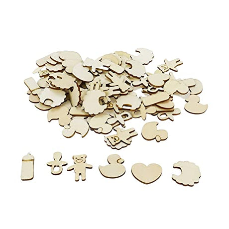 KUMGROT 100pcs Unfinished Wooden Ornament Mini Wood Pieces Heart Bear Ring Duck Baby Bottle Shaped for DIY Craft Handmade Supplies (Cute Style) KUMGROT