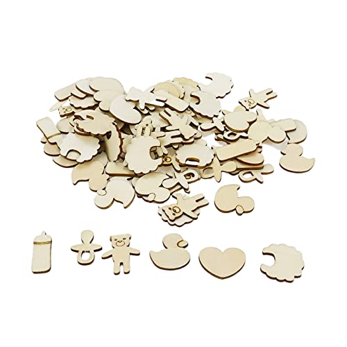 KUMGROT 100pcs Unfinished Wooden Ornament Mini Wood Pieces Heart Bear Ring Duck Baby Bottle Shaped for DIY Craft Handmade Supplies (Cute Style)