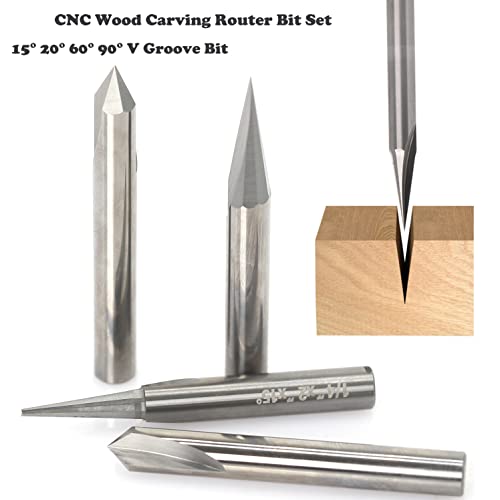 Sinoprotools Engraving CNC Wood Carving Router Bit Set - 4pcs - Solid Carbide - 1/4” Shanks - 15° 20° 60° 90° V Groove Bit