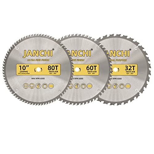 3-Pack Combo 10-Inch 32T & 60T & 80T Woodworking Saw Blades with 5/8" Arbor, 095" Thin Kerf Alternating Top Bevel Tungsten Carbide Teeth Miter/Table - WoodArtSupply