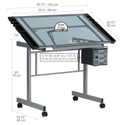 Studio Designs Vision Craft and Drawing Station - 35.5" W by 23.75" D Silver-Blue Glass Top Drafting Table with Pencil Drawers, Side Trays, & SD Studio Designs