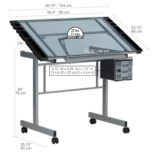 Studio Designs Vision Craft and Drawing Station - 35.5" W by 23.75" D Silver-Blue Glass Top Drafting Table with Pencil Drawers, Side Trays, & - WoodArtSupply