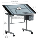 Studio Designs Vision Craft and Drawing Station - 35.5" W by 23.75" D Silver-Blue Glass Top Drafting Table with Pencil Drawers, Side Trays, & SD Studio Designs