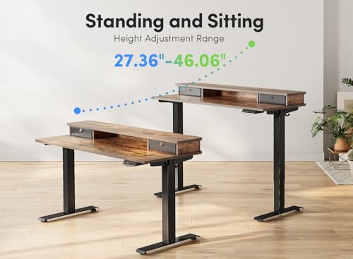 FEZIBO 48 x 24 Inch Height Adjustable Electric Standing Desk with Double Drawer, Stand Up Desk with Storage Shelf, Sit Stand Desk, Rustic Brown FEZIBO