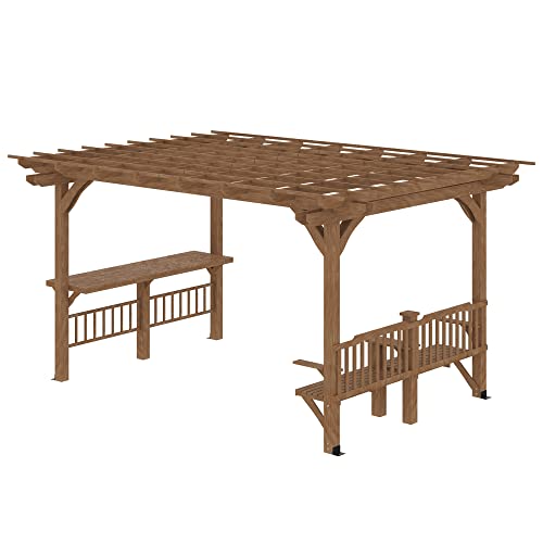 Outsunny 14' x 10' Outdoor Pergola, Wooden Grill Gazebo with Bar Counters and Seating Benches, for Garden, Patio, Backyard, Deck - Brown Outsunny