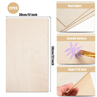 12 Pack 22 x 12 x 1/16 Inch-2 mm Thick Basswood Sheets for Crafts Unfinished Plywood Sheet Rectangular Craft Wood Sheet Boards for DIY Projects,