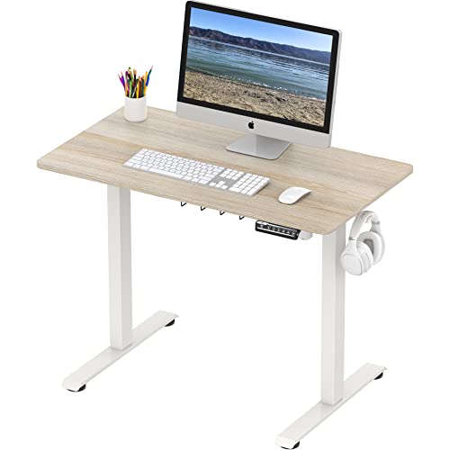 SHW Small Electric Height Adjustable Sit Stand Desk with Hanging Hooks and Cable Management, 40 x 22 Inches, White Frame and Maple Top - WoodArtSupply