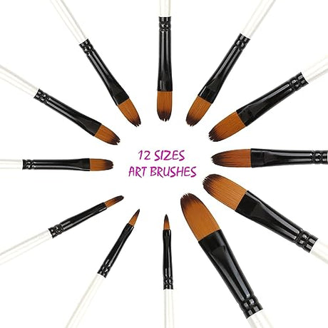 Dainayw 12 PCS Filbert Paint Brushes Set, Artist Brush for Acrylic Oil Watercolor Gouache Artist Professional Painting Kits with Synthetic Nylon Tips dainayw