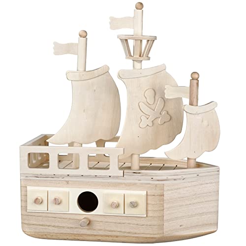 11" Wooden Pirate Ship Birdhouse by Make Market - Unfinished Hanging Birdhouse Made of 100% Wood, Outdoor Nesting Boxes - 1 Pack Make Market