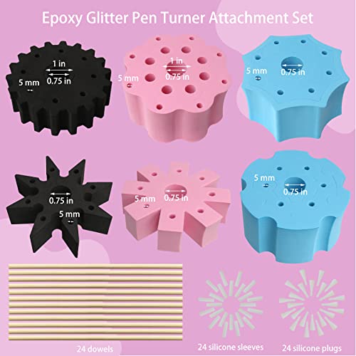 Epoxy Glitter Pen Turner Attachment, 6Pcs Epoxy Pen Adapter for Tumbler Turner 3/4" PVC Pipe with 24 Dowels, 24 Sleeves and 24 Plugs, Epoxy Cup Openfly