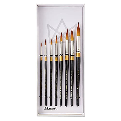 KINGART Premium Original Gold Series Handcrafted Golden Taklon Multimedia Artist Brushes, Gift Box, Set of 10, Black Gloss Handle, for Oil, Acrylic, - WoodArtSupply