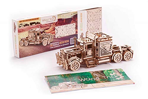 Wood Trick Big Rig Mechanical Toy Truck - 14x6″ - Powerful Rubber Band Motor - Realistic Semi Truck Wooden Model Kit for Adults and Kids - 3D Wooden Wood Trick