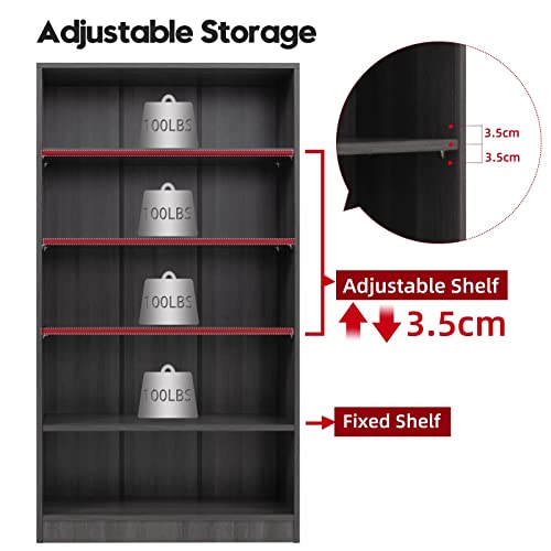 Wood Bookcase 5-Shelf Freestanding Display Wooden Bookshelf for Home Office School (11.6" D*33" W*59.8" H,Grey) Sunon