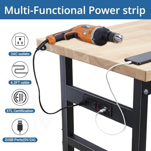 Work Benches, Adjustable Height Work Table, Heavy Duty Husky Workbench Portable Table 2000 LBS Load Capacity,with Power Outlet and Wheels for - WoodArtSupply