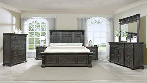 Roundhill Furniture Farson Wood Panel Bed, Dresser, Mirror, Two Nightstands, Chest, Queen, Distressed Dark Walnut